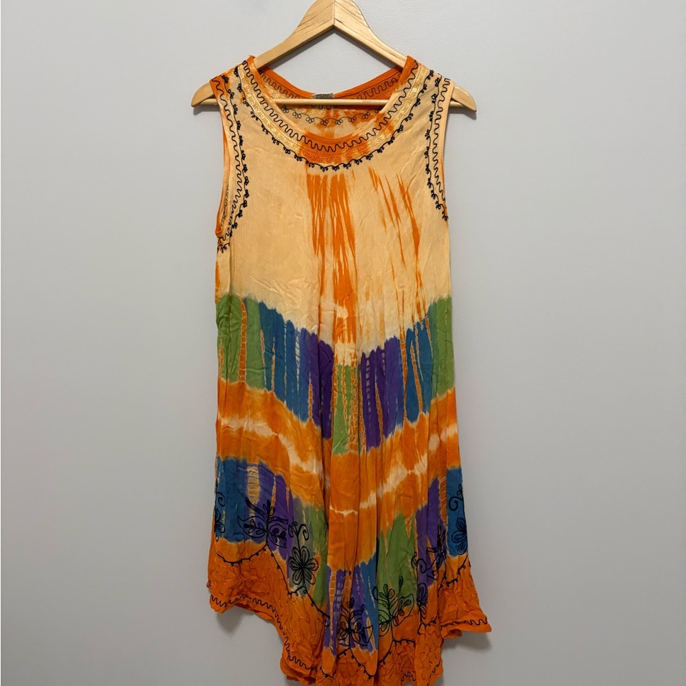 Boho Hippie Festival Tie Dye Embroidered Flowy Hi Low Sleeveless Dress